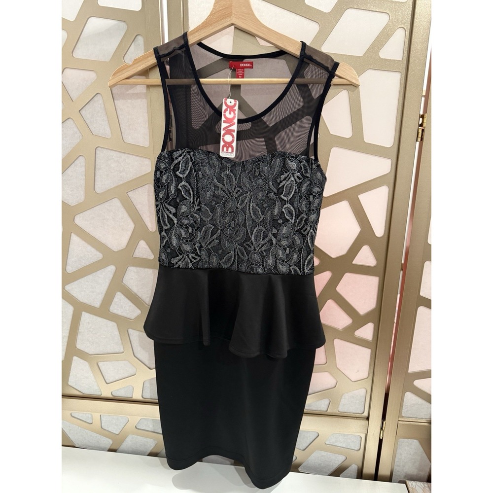 Bongo Juniors Black Silver Lace Peplum Dress Sheer Mesh Yoke NWT 90s Y2K M